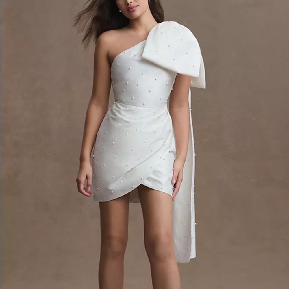 White One Shoulder Mini Dress with Pearls